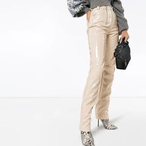 GmbH Beige Vinyl Zipper Detail High Rise Straight Leg Pants Size 24